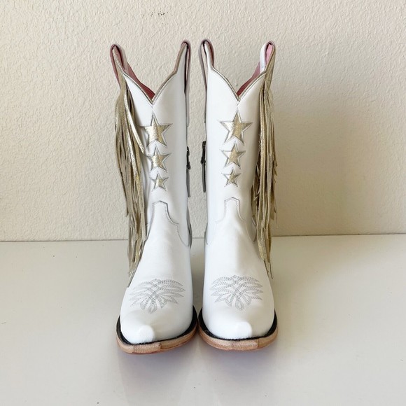 Junk Gypsy Womens Boots Sz 7.5 White Silver Stars Snip Toe Fringe Shortie Zipper - Picture 3 of 12